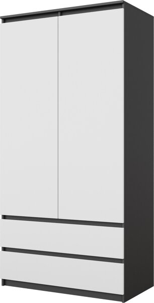 Šatníková skriňa JOELLE 90 cm antracit / biela matná, otočné dvere, 2 dvere, 2 zásuvky, tyč na oblečenie, 3 priehradky, Š90 x V180 x H50 cm