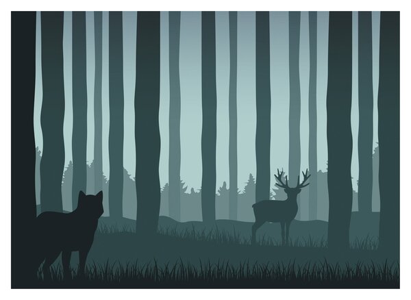 Sklenený obraz - Jeleň s vlkom v skalách (70x50 cm)