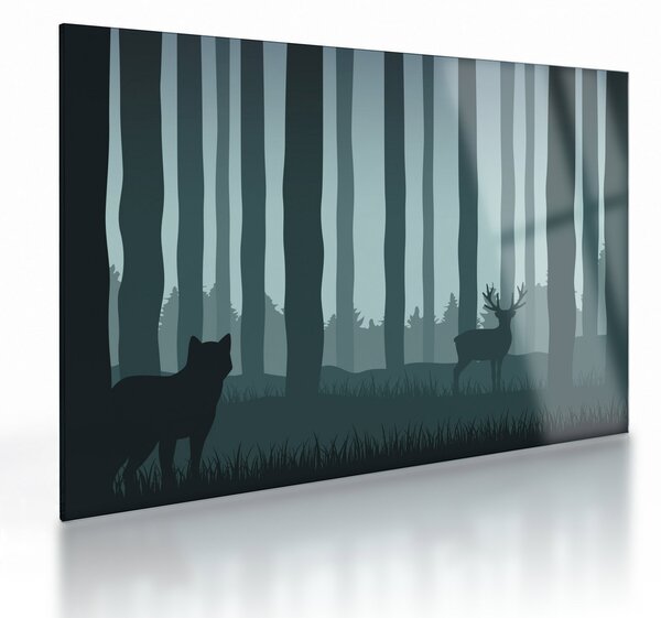 Sklenený obraz - Jeleň s vlkom v skalách (70x50 cm)
