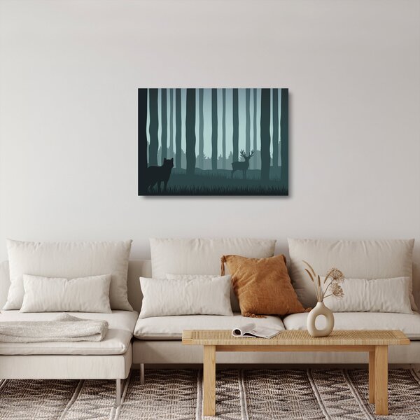 Sklenený obraz - Jeleň s vlkom v skalách (70x50 cm)