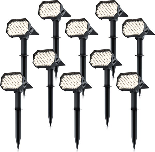 10x záhradný reflektor Brandson so zemným hrotom, solárny panel, solárny reflektor, dobíjateľná batéria, 1800 mAh, 2 úrovne jasu, 60-80 lumenov, 3000 K, IP65, odolný voči poveternostným vplyvom, otočný, montáž, záhrada, balkón, terasa