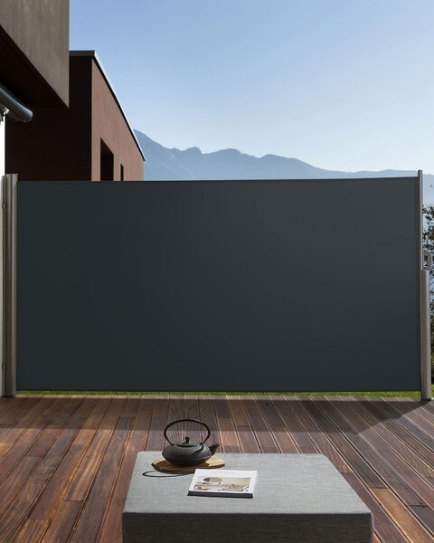 Bočná markíza grafitovosivý polyester 160 x 300 cm zaťahovacia látková tieniaca clona strieborný hliníkový rám