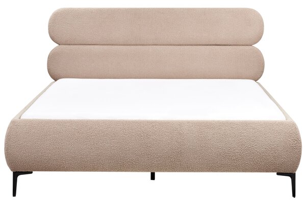 Posteľ sivobéžová buklé čalúnenie čierne kovové nohy 160 x 200 cm lamelový rošt s čelom klasický minimalistický štýl spálňa