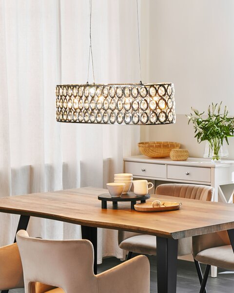 Závesná lampa strieborná otvorené okrúhle tienidlo s akrylovými kryštálikmi elegantný dizajn