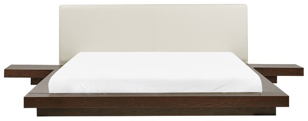 Posteľ v japonskom štýle tmavý jaseň 180 x 200 cm nízky drevený rám postele z MDF biele koženkové čelo nočné stolíky