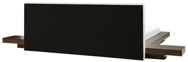 Posteľ v japonskom štýle tmavý jaseň 180 x 200 cm nízky drevený rám z MDF biele koženkové čelo LED podsvietenie nočné stolíky