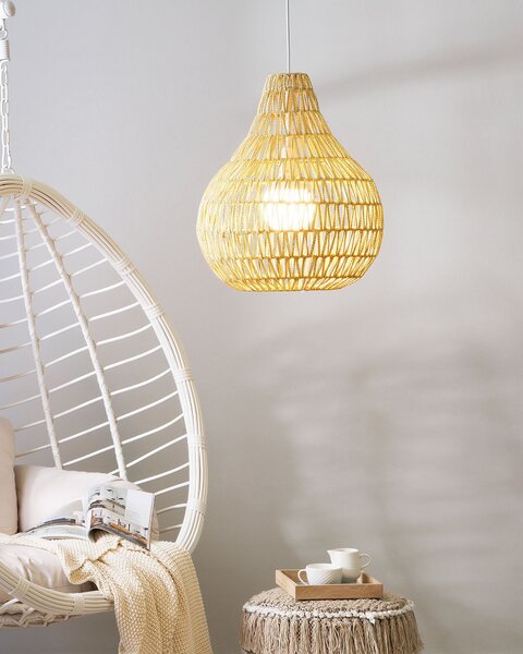 Závesná lampa béžová papierový výplet pletené tienidlo okrúhly tvar boho štýl obývacia izba spálňa
