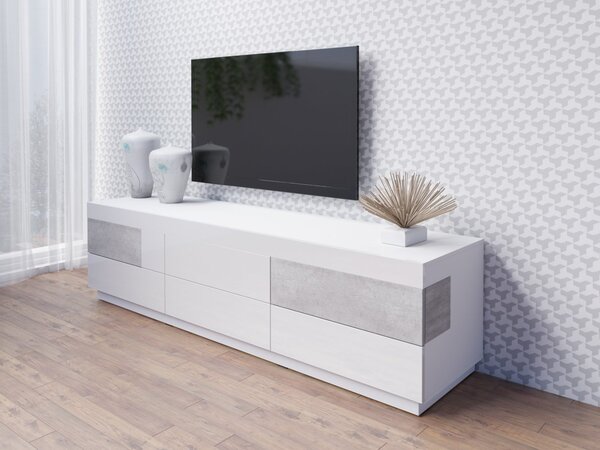 Jednoduchý televízny stolík so zásuvkami SHADI, biely/betón