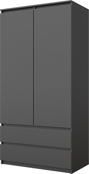 Šatníková skriňa JOELLE 90 cm antracit matná, skriňa s otočnými dverami, 2 dvere, 2 zásuvky, tyč na oblečenie a 3 priehradky, Š90 x V180 x H50 cm