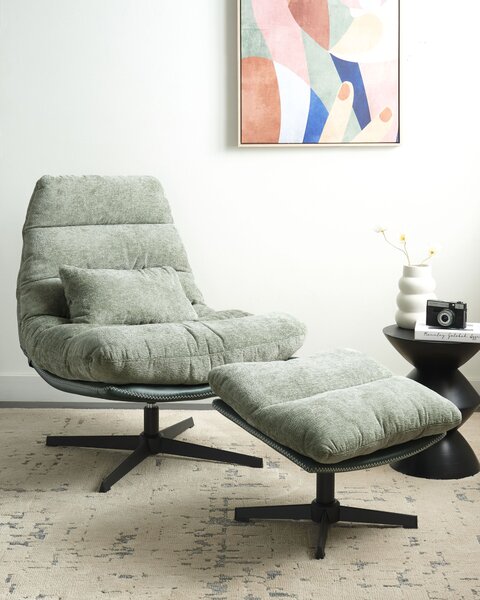 Kreslo s podnožkou zelené ženilkové čalúnenie otočný podstavec prešívané sedadlo moderný mid century štýl obývačka spálňa