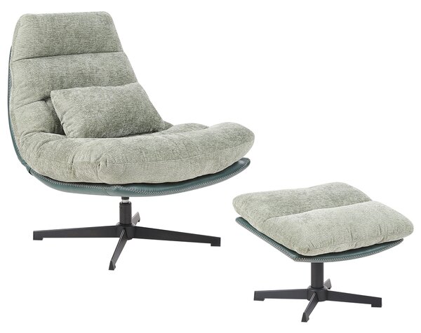 Kreslo s podnožkou zelené ženilkové čalúnenie otočný podstavec prešívané sedadlo moderný mid century štýl obývačka spálňa