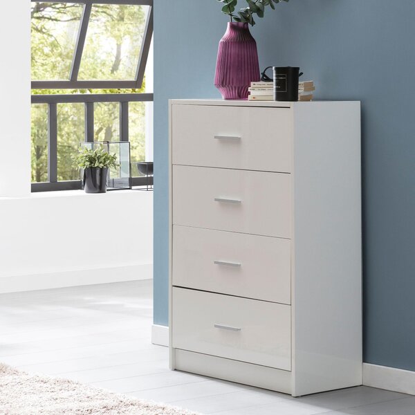 FineBuy Komoda FB52330 Biela lesklá 60x90x30 cm Drevená moderná úzka komoda s zásuvkami Jedáleň Malá univerzálna skrinka Predsieň