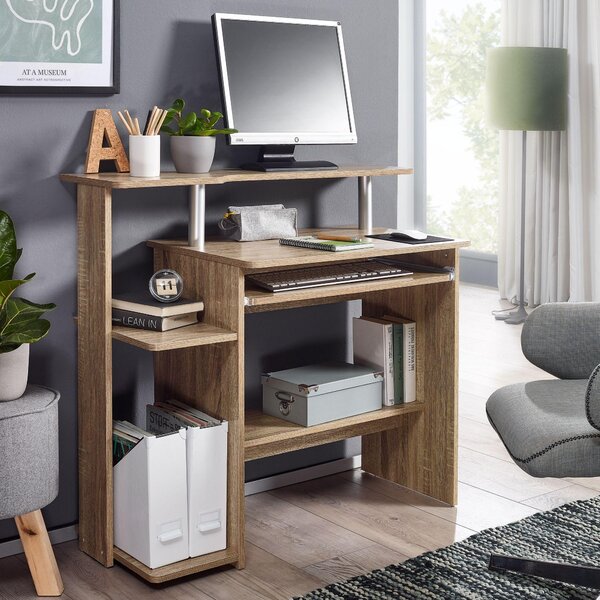 FineBuy Počítačový stôl Sonoma 94 x 90,5 x 48,5 cm Moderný stôl na notebook s výsuvnou podložkou na klávesnicu Stôl na PC s odkladacou plochou na tlačiarňu Priestorovo úsporný písací stôl Stôl na notebook