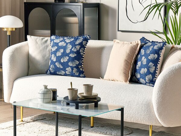 Sada 2 dekoratívnych vankúšov modrá biela polyester 45 x 45 cm rastlinný vzor motív listov ginko biloby brmbolce moderný štýl doplnky