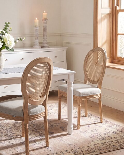 Sada 2 jedálenských stoličiek svetlohnedá béžová látkové čalúnenie drevený rám ratanový výplet francúzsky vintage shabby chic štýl kuchyňa