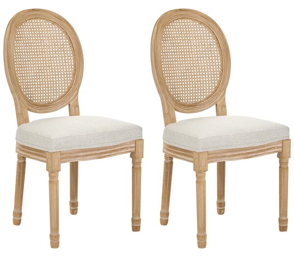 Sada 2 jedálenských stoličiek svetlohnedá béžová látkové čalúnenie drevený rám ratanový výplet francúzsky vintage shabby chic štýl kuchyňa