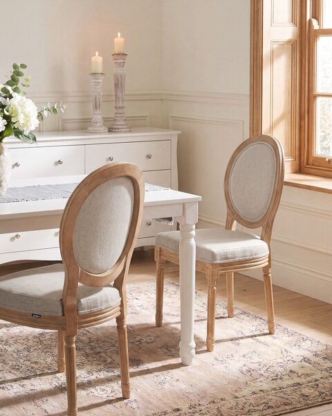 Sada 2 jedálenských stoličiek svetlohnedá béžová látkové čalúnenie drevený rám francúzsky vintage shabby chic štýl kuchyňa jedáleň