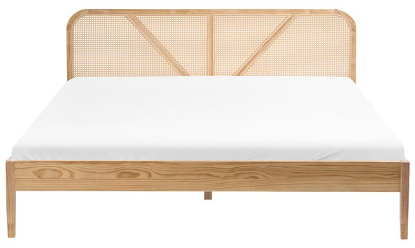 Posteľ svetlohnedá rám z borovicového dreva s čelom umelý ratan 180 x 200 cm s roštom retro štýl spálňa