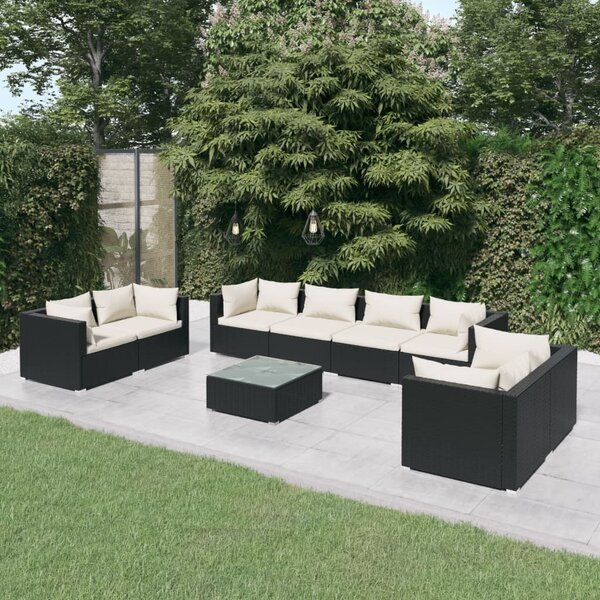 Maison Exclusive – 9-dielna záhradná súprava s vankúšmi z polyrotangu v čiernej farbe