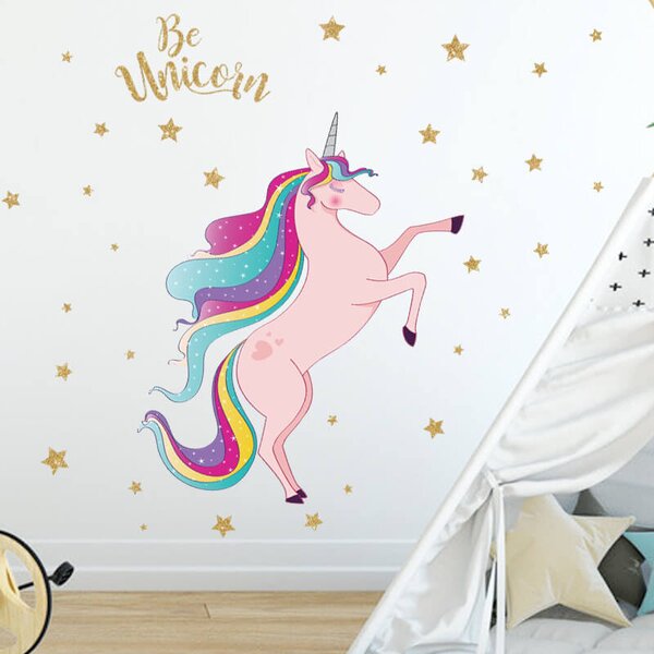 Impresi Samolepka do detskej izby Ružový jednorožec Unicorn s hvezdami - 90x30cm