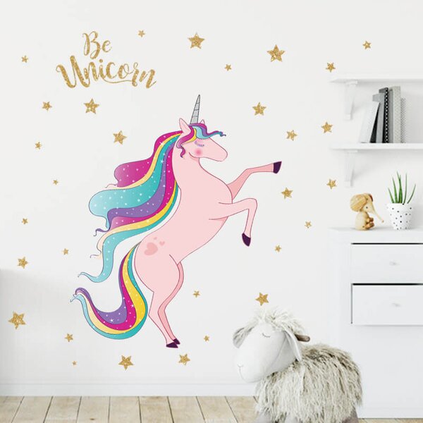Impresi Samolepka do detskej izby Ružový jednorožec Unicorn s hvezdami - 90x30cm