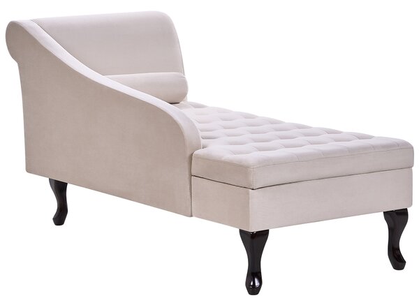Pravostranná leňoška svetlobéžová zamatová čalúnená s úložným priestorom čierne nohy s podhlavníkom glamour retro dizajn