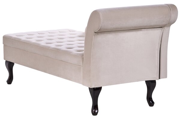 Pravostranná leňoška svetlobéžová zamatová čalúnená s úložným priestorom čierne nohy s podhlavníkom glamour retro dizajn