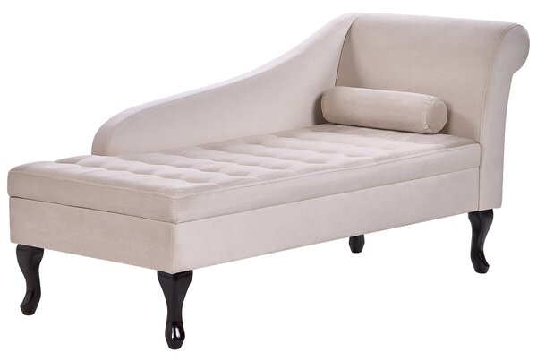 Pravostranná leňoška svetlobéžová zamatová čalúnená s úložným priestorom čierne nohy s podhlavníkom glamour retro dizajn