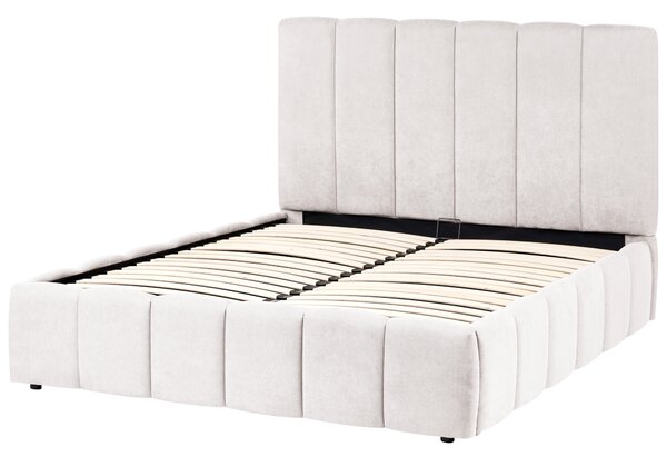Posteľ s úložným priestorom krémová biela látkové čalúnenie 140 x 200 cm vertikálne prešívanie zdvíhací rám vysoké čelo moderný štýl spálňa