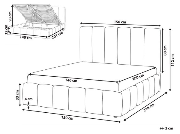 Posteľ s úložným priestorom sivobéžová látkové čalúnenie 140 x 200 cm vertikálne prešívanie zdvíhací rám vysoké čelo moderný štýl spálňa