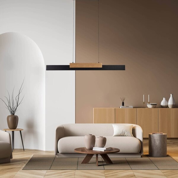 Wiebke LED závesné svetlo, čierne drevo 120,5 cm stmievateľné, Čierna, Obývacia izba / jedáleň, kov, Moderný, Závesné svietidlo