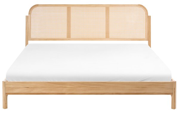 Posteľ svetlohnedá rám z borovicového dreva s čelom umelý ratan 180 x 200 cm s roštom retro štýl spálňa