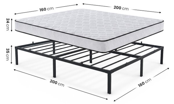 Kovová manželská posteľ 160x200 cm s pružinovým matracom, čierna