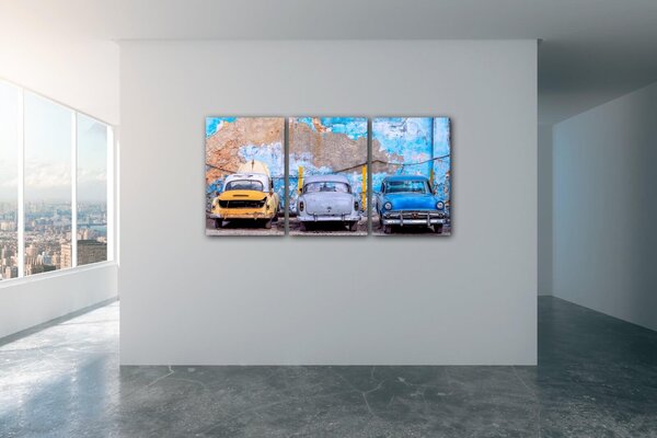 Impresi Obraz Stará modrá auta - 120 x 60 cm (3 dielný)