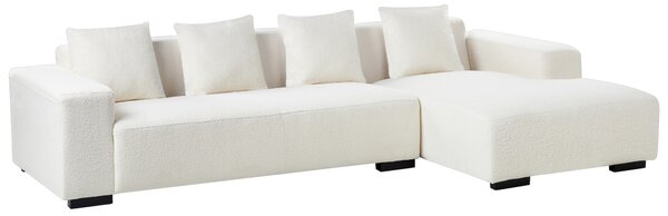 Ľavá rohová pohovka biela buklé čalúnenie v tvare písmena L pre 4 osoby s vankúšmi moderný dizajn