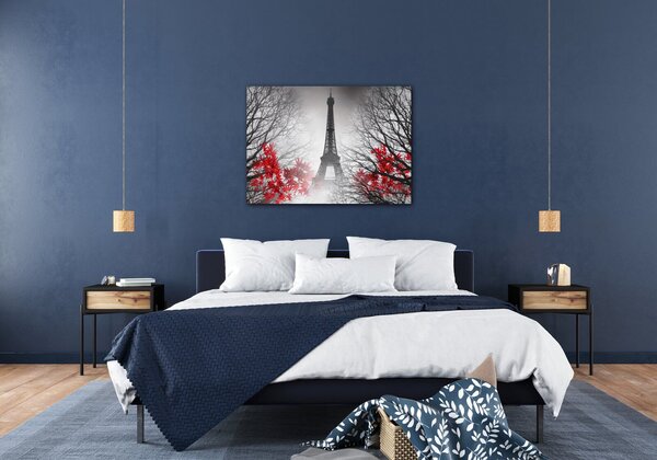 Impresi Obraz Eiffelova veža čiernobiela s červeným detailom - 70 x 50 cm