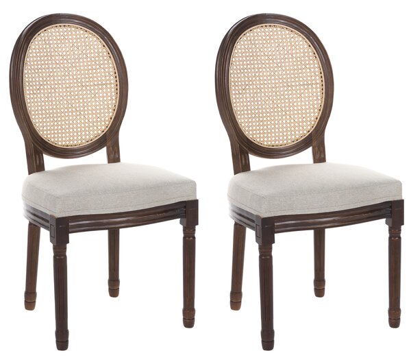 Sada 2 jedálenských stoličiek tmavohnedá béžová látkové čalúnenie drevený rám ratanový výplet francúzsky vintage shabby chic štýl kuchyňa
