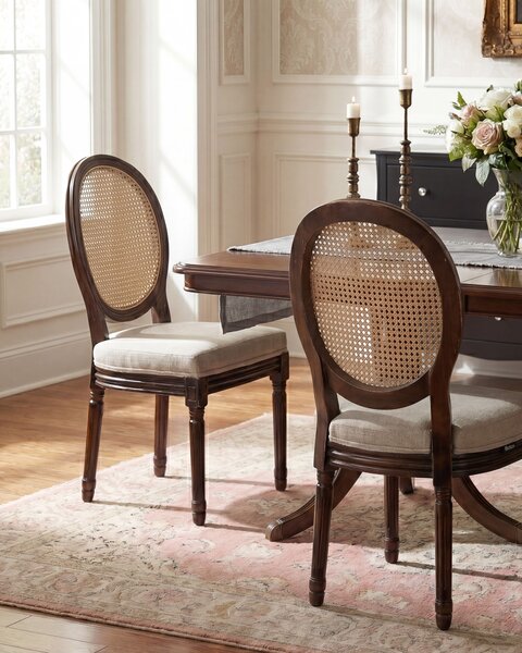 Sada 2 jedálenských stoličiek tmavohnedá béžová látkové čalúnenie drevený rám ratanový výplet francúzsky vintage shabby chic štýl kuchyňa