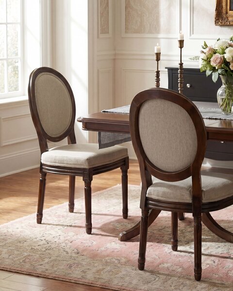 Sada 2 jedálenských stoličiek tmavohnedá béžová látkové čalúnenie drevený rám francúzsky vintage shabby chic štýl kuchyňa jedáleň