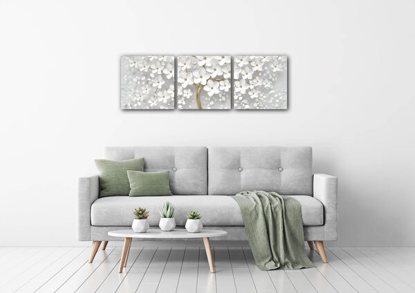 Impresi Obraz Biely strom s kvetinami - 90 x 30 cm (3 dielny)