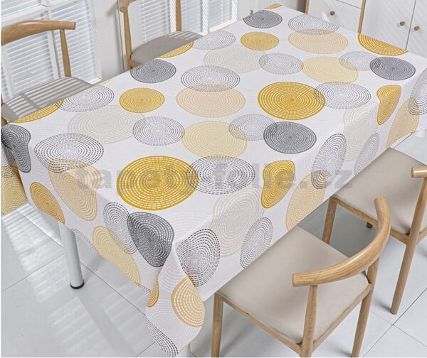 Obrus PVC 3581565, metráž, 20 m x 140 cm, kruhy sivo-žlté, IMPOL TRADE