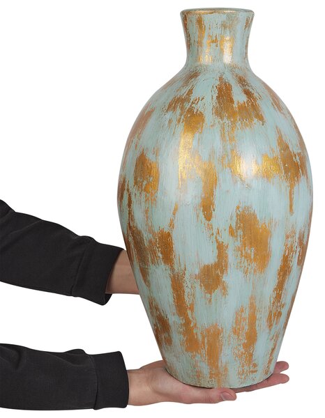 Dekoratívna váza na kvety modrá a zlatá z terakoty 45 cm starožitný efekt prírodný dizajn na sušené kvety