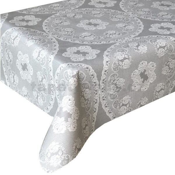 Obrus PVC 3581288, metráž, 20 m x 140 cm, biele čipky s ružičkami na sivom podklade, IMPOL TRADE