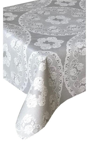 Obrus PVC 3581288, metráž, 20 m x 140 cm, biele čipky s ružičkami na sivom podklade, IMPOL TRADE