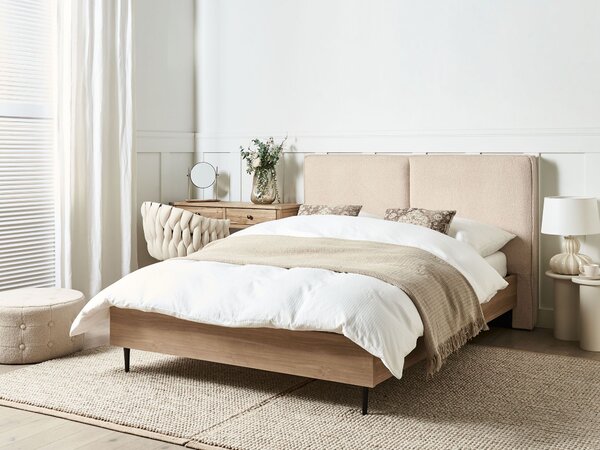 Posteľný rám béžové buklé čalúnenie dvojlôžko 140 x 200 cm čalúnené čelo MDF rám kovové nohy lamelový rošt moderný štýl spálňa