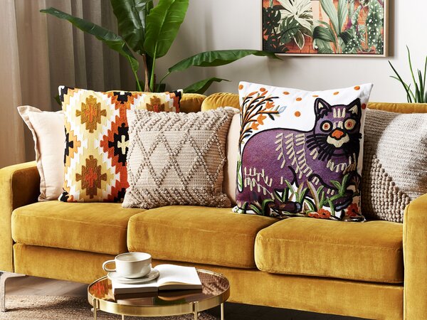 Sada 2 dekoratívnych vankúšov viacfarebná vlna bavlna 50 x 50 cm abstraktný vzor mačky ručne vyšívaný boho moderný štýl doplnky