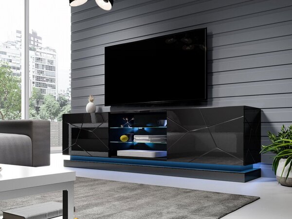Televízny stolík s LED RGB osvetlením 200 cm LIMA - čierny / lesklý čierny