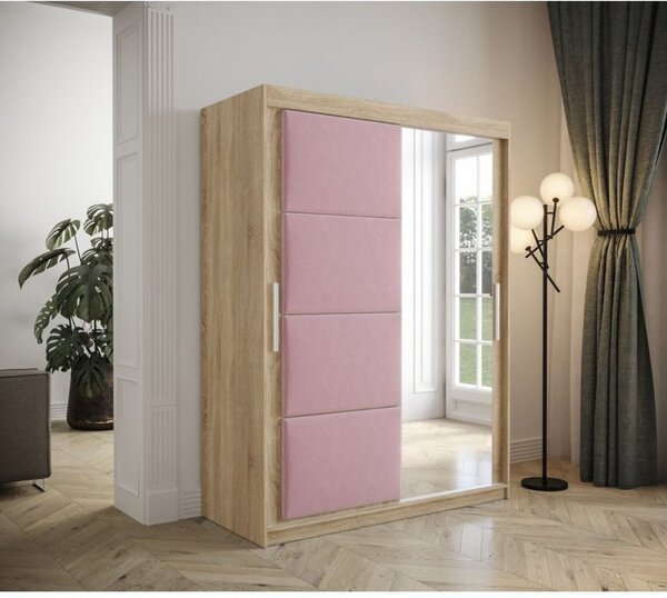 Šatníková skriňa s posuvnými dverami 150 cm TALIA - dub sonoma / ružová
