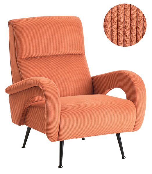 Kreslo oranžové menčestrové čalúnenie opierky na ruky čierne kovové nohy retro štýl