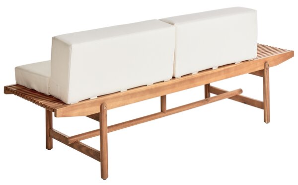 Záhradná lavica svetlé akáciové drevo 210 x 84 cm s vankúšmi krémová biela moderný rustikálny štýl exteriér terasa balkón
